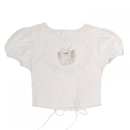 White Cropped Tee with Sweetheart Applique  Cat Print