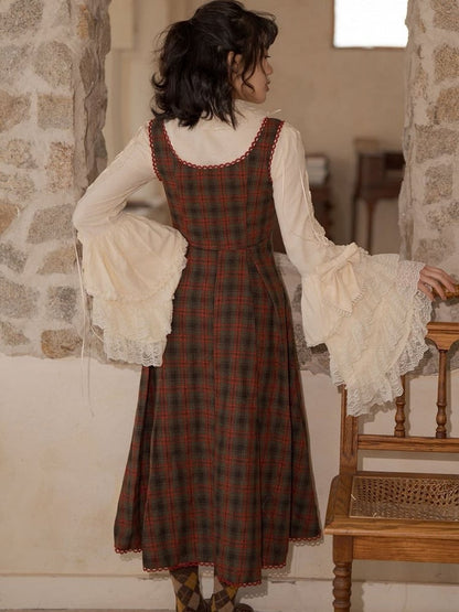 Plaid Classic Dress Details Lace-Up Brown Elegant Reddish Lolita with