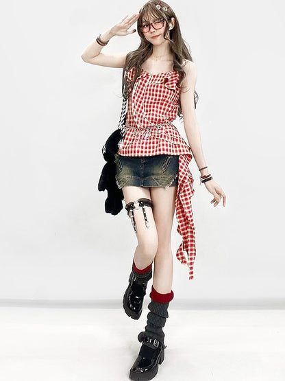 Plaid Y2K Asymmetrical Glamorous Hem Top Cami Holiday Red Pattern