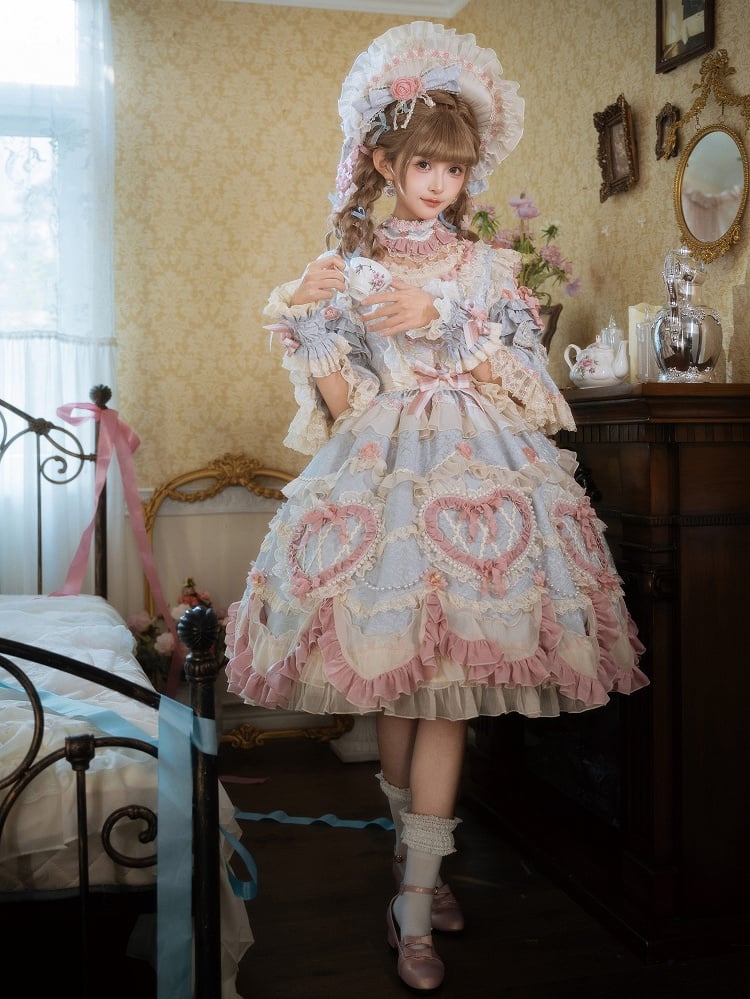 Wunderschönes Hanayome Lolita-Kleid mit Rosettenstickerei und Perlenkettendetails, Hellgrau