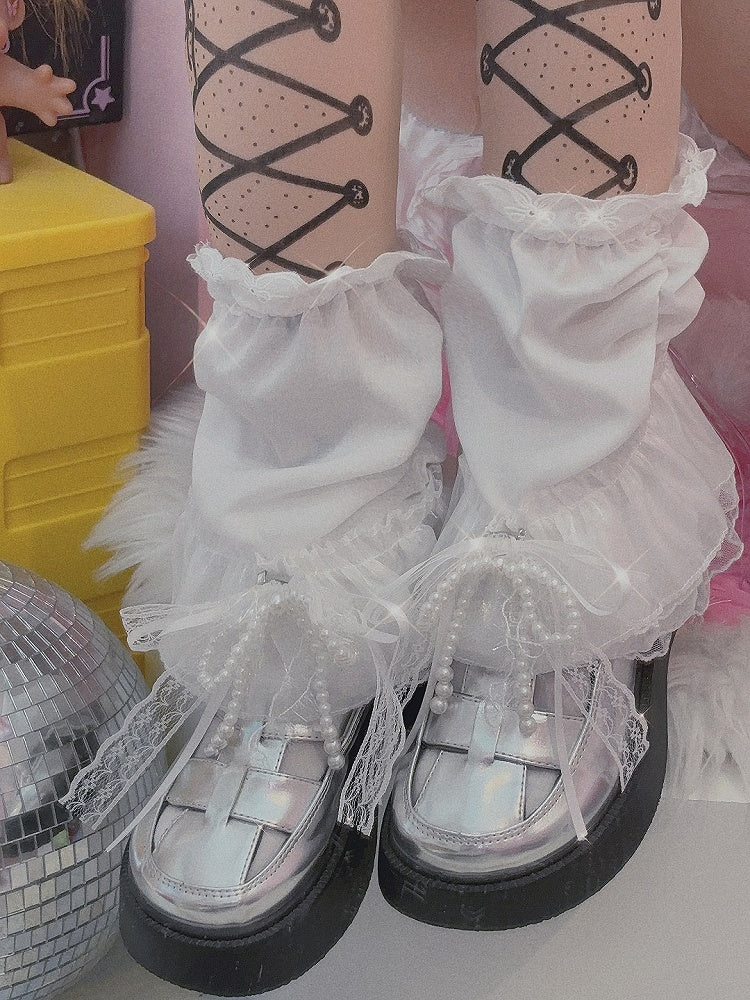 Mit Perlen verzierte Spitze, weiße Bein-Schleife, Y2K-Ärmel