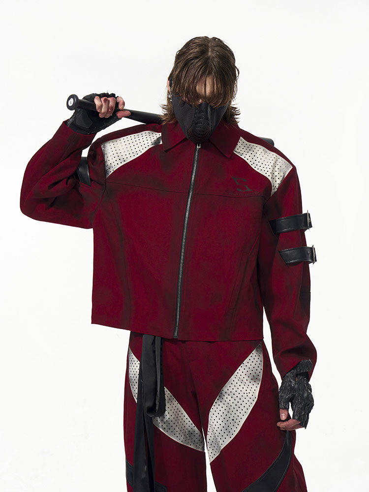 with Buckle Strap Jacket Design Distressed Unisex Short Red