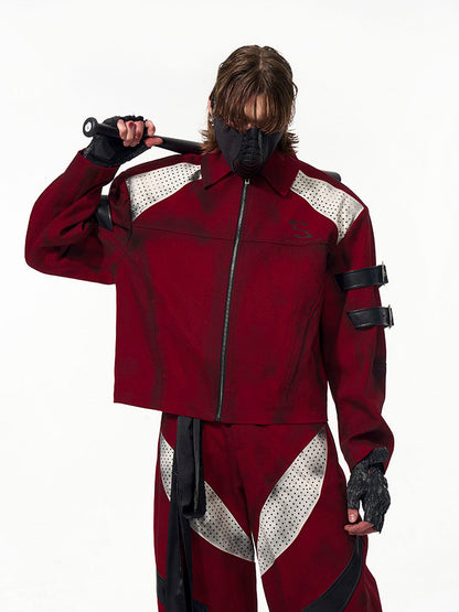 with Buckle Strap Jacket Design Distressed Unisex Short Red