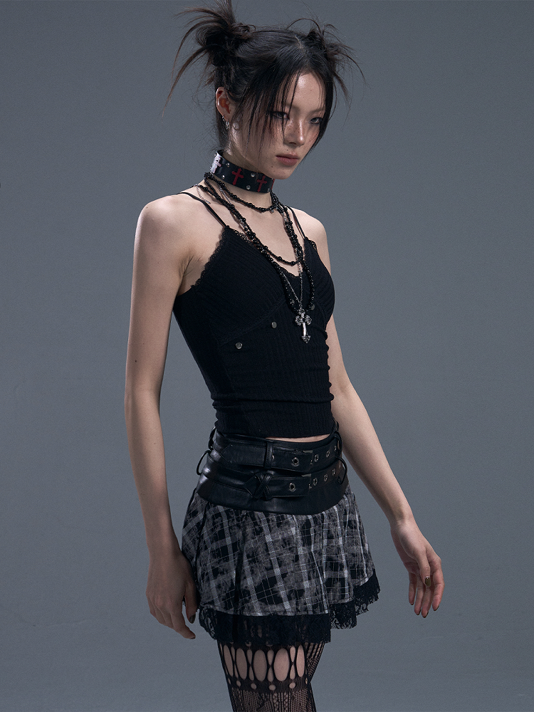Black Punk Knit Crop Cami Top with Lace  Studs