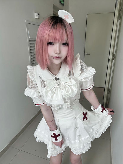 White Lace Blouse & Skirt Set with Straps & Bow - Shi Zhai Xin