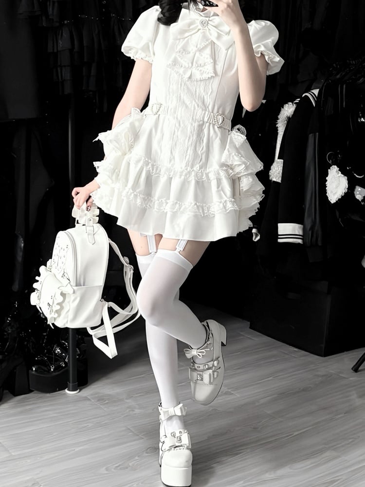 Bow and White Kei Flowing Dress Side Sleeves Tie Train，Shorts Set: with Puffy Gothic Jirai