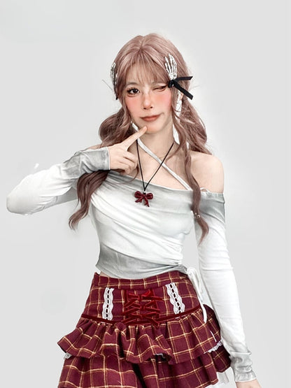 Gerafftes Top mit schulterfreiem Ausschnitt in Weiß mit Farbverlauf