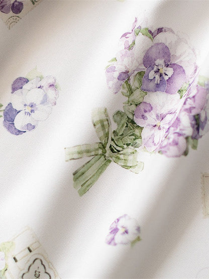 White Floral Puff-Sleeve One-Piece Lolita Dress - Forest Wardrobe