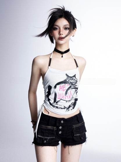 ブラック/ホワイトのトップスウエストにグラマラスなドローストリング、キャットグラフィティプリント、ホルターネック