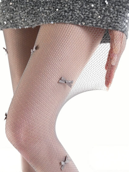 3 Colors Sheer Mesh Tights with Bowknot Details - ModaSwings