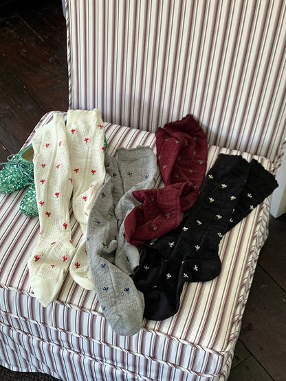 Blumenmuster Grau/Weiß/Weinrot Strümpfe Unter dem Knie Rot/Schwarz