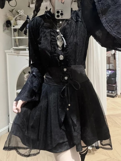 Kei Back with Skirt Black Bow Tie Overlay Detail Jacquard High-Waist Jirai