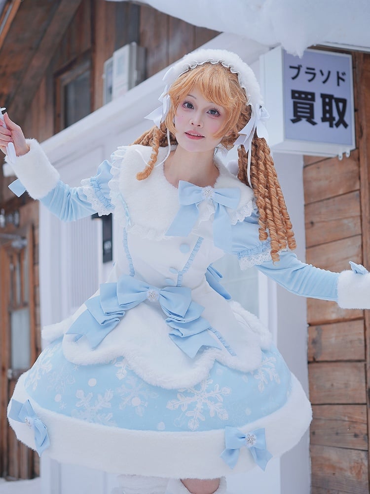 Dress Detachable - Winter OP Snowflake Set Sleeves Headpieces Print + Sweet Lolita Full Bows