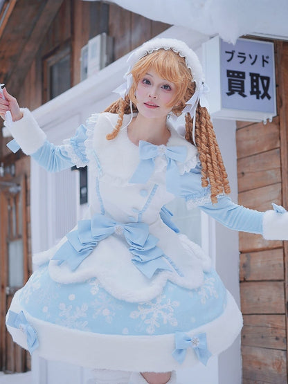 White with and Print Blue Sleeves Winter Snowflake Lolita Sweet Puff Dress