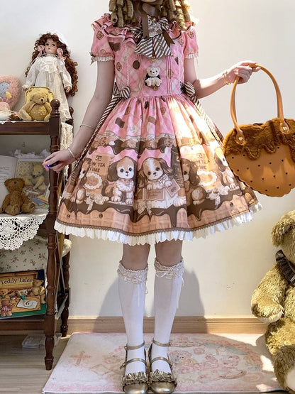 Süßes Lolita-Kleid mit kurzen Ärmeln und Welpen- und Keks-Print in Rosa