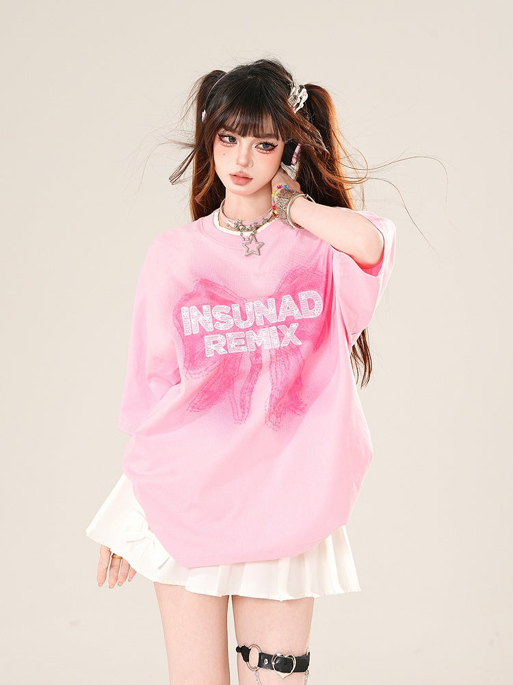 Pink Round Neck Big T-Shirt Bow Print Loose