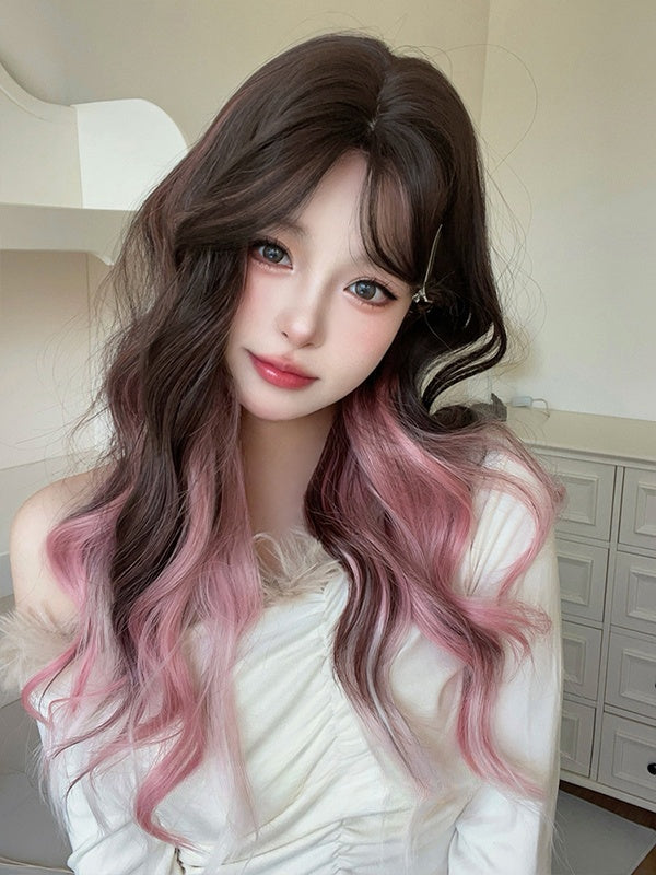 ピンクブラックのオンブレロングウェーブ合成ウィッグ（カーテンバング付き）