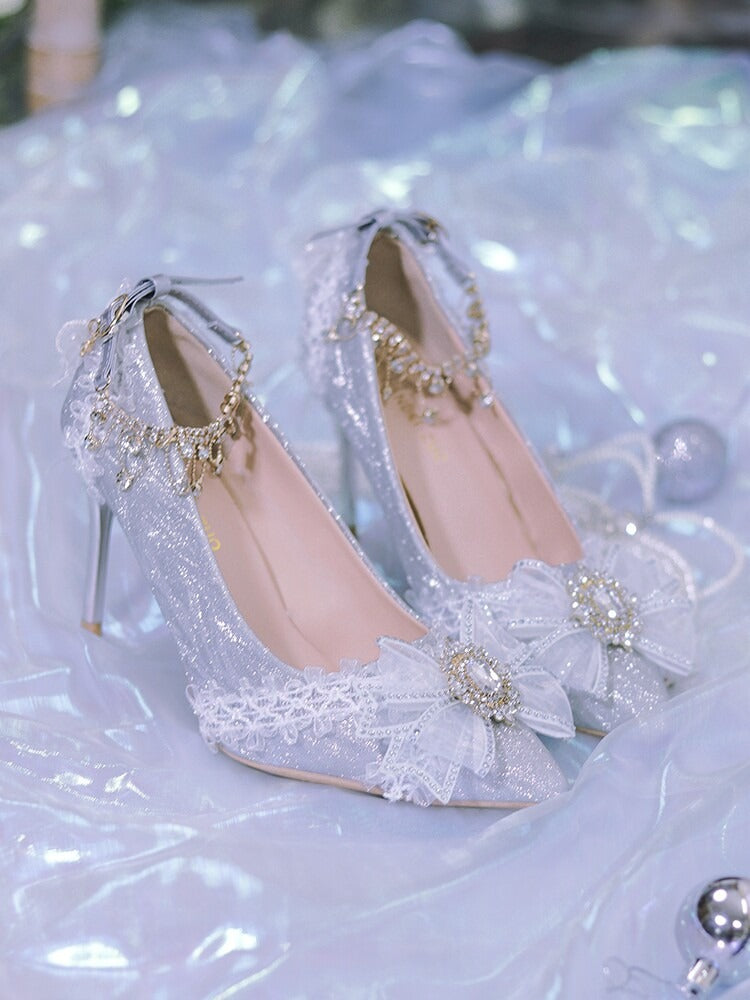 Silver Pointed Toe Heels with Crystal Details - One Night Language