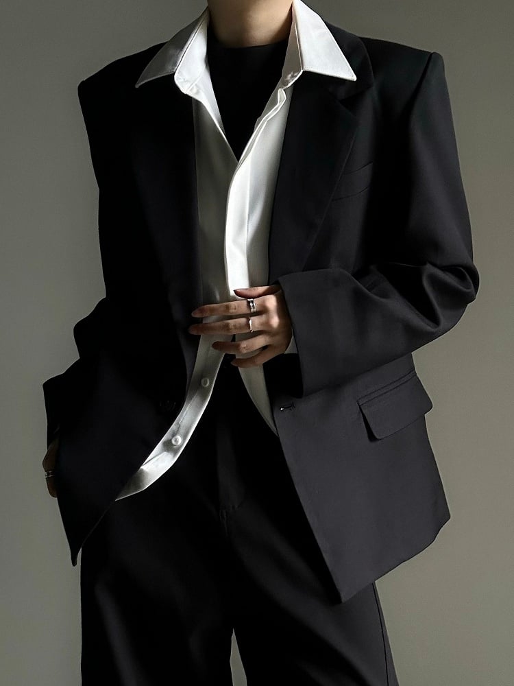 Black Collar with Notched Front Button Blazer - Ouji