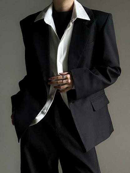 Black Collar with Notched Front Button Blazer - Ouji