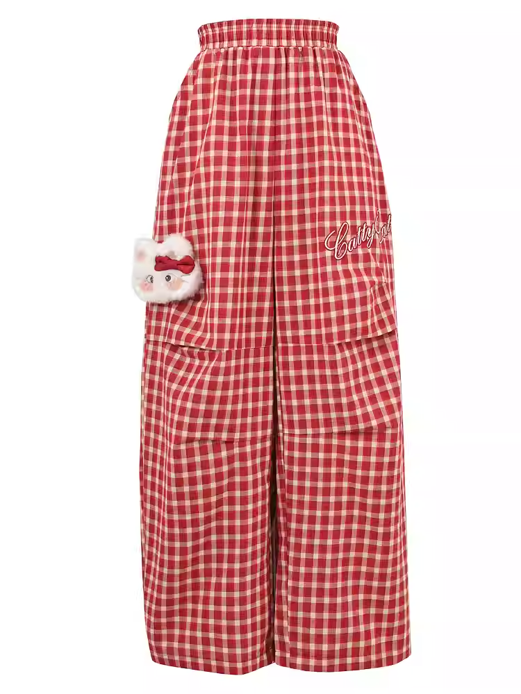 キティのぬいぐるみ付きパンツ（レッドチェック柄）ウエストゴムワイドレッグカジュアル