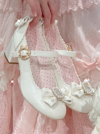 ラウンドロリータラインストーンメリートゥ装飾ディテールホワイト＆ビーズボウノットジェーンズシューズ