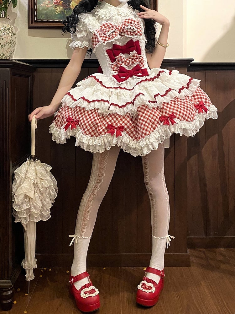 und Saum gewellter Kleiderrand mit süßem Rockmuster Lolita Gingham gestufter weißer Besatz rot