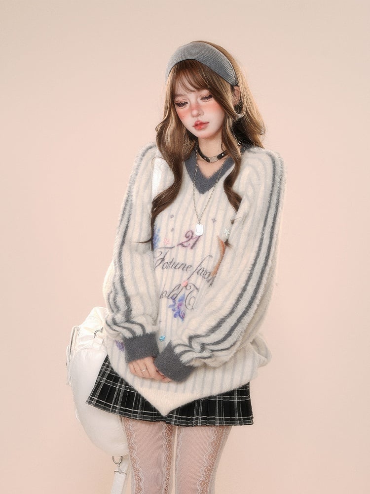 Ocean Print V-Neck White Plush Sweater Stripes with