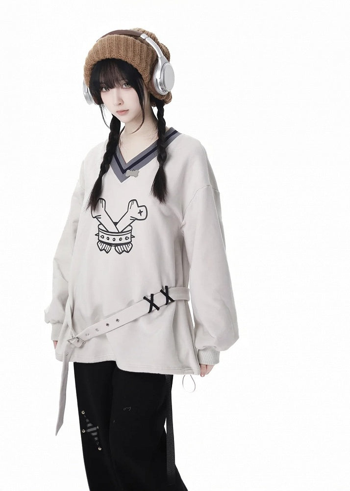 Weißes Sweatshirt mit süßem Knochenmuster und V-Ausschnitt