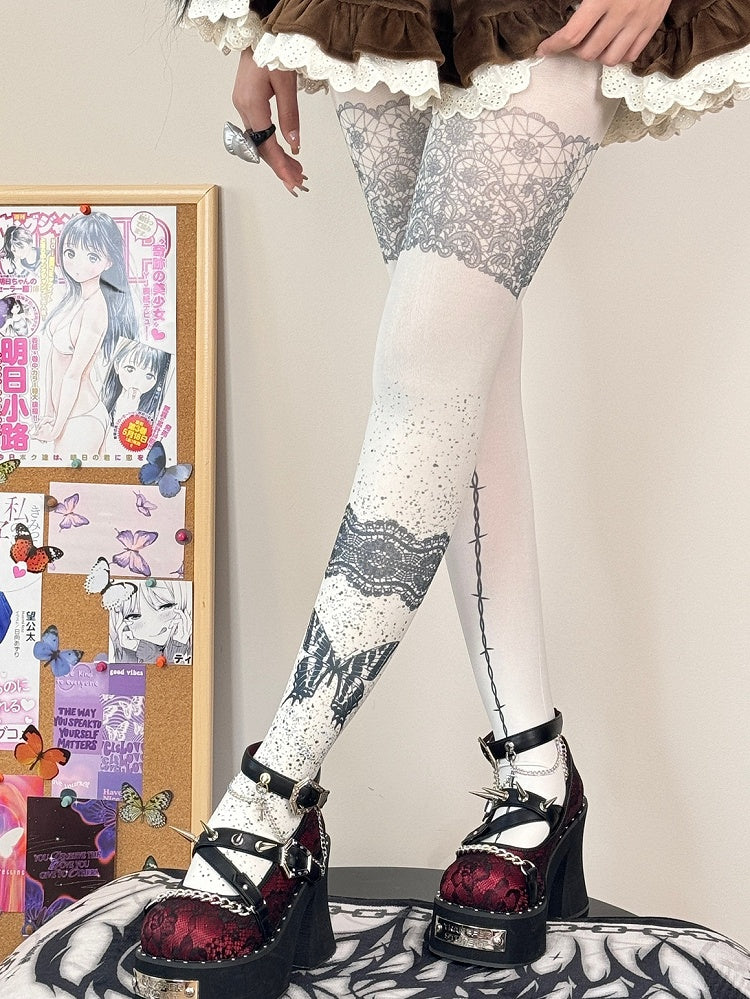 White Print Tights Butterfly Guro Kawaii