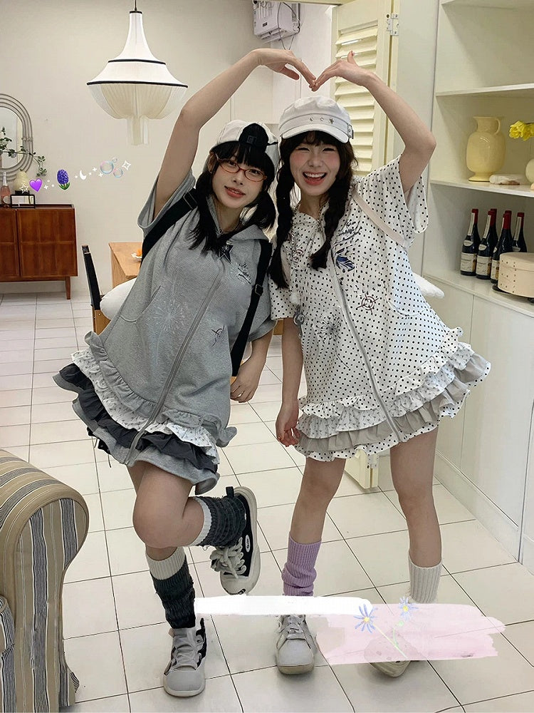 Hoodie Number White Print and with Dots Tiered Ruffles Dress Polka