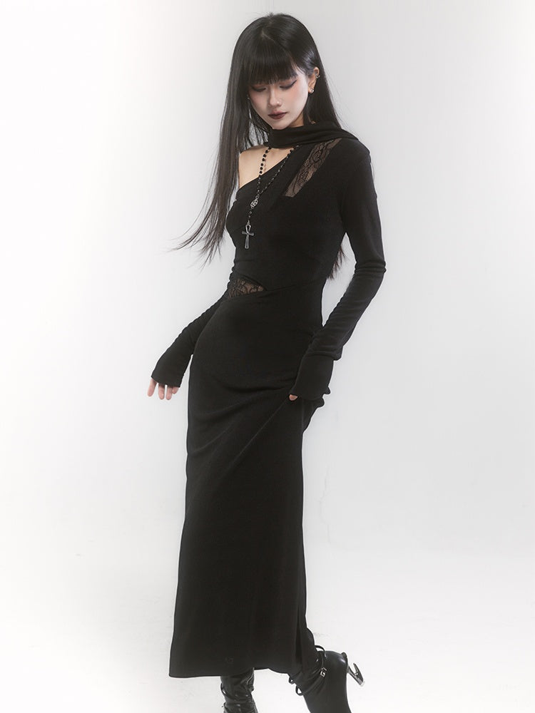 Black Gothic Asymmetrical Neckline Cutout Details Sheath Dress