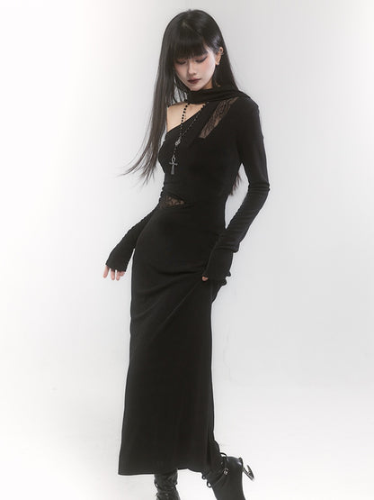 Black Gothic Asymmetrical Neckline Cutout Details Sheath Dress
