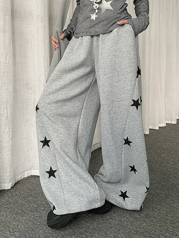 Black/Gray Curved Leg Pants with Star Print - Solkatt