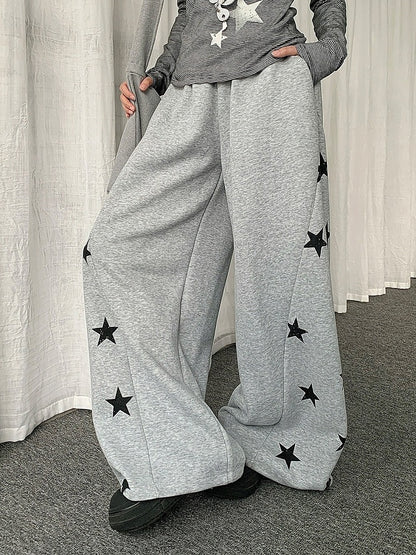 Black/Gray Curved Leg Pants with Star Print - Solkatt
