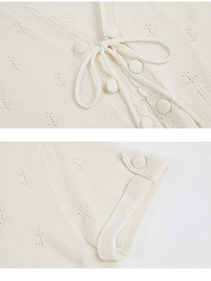 with Scalloped Beige Knitted Perforated Lolita Cardigan Short-sleeved Edge Trim