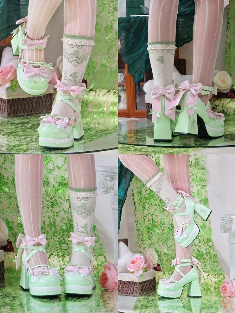 Bows with Striped Janes Lolita Heel Green Crisscross 8cm High Mary Light Block Design