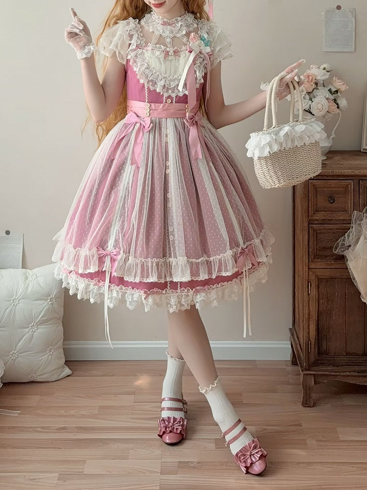Pink Elegant Bow Version with Details Short Dress Lolita and Lace Classic Rose