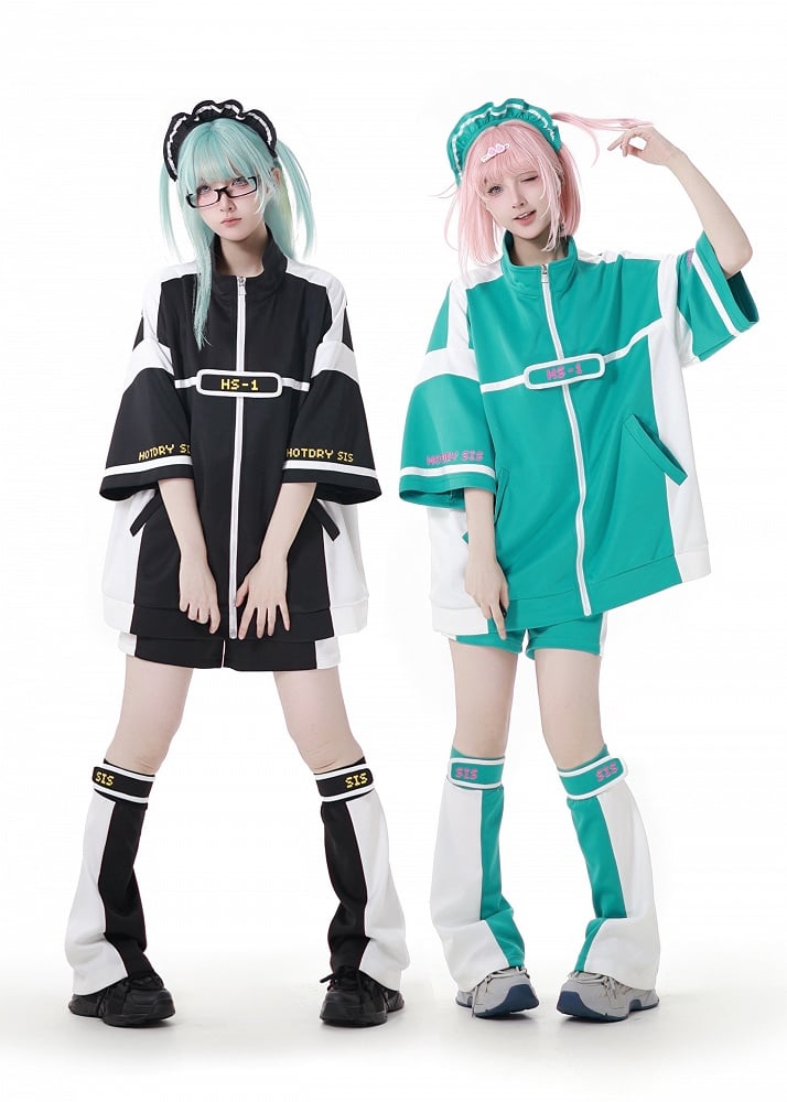 Elbow-Length Sleeves Jirai Kei Zip-up Sweatshirt White Landmine Style Black