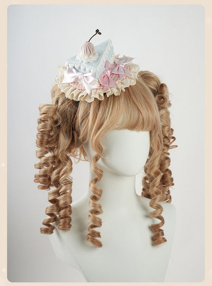 Sweet Lolita Blue&Pink Bow Ruffled Trim Triangular Cake Mini Hat