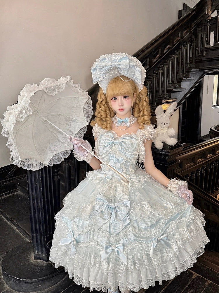Hanayome-Style Lace + Trim Lolita Bow / Blue Set Back Full Dress JSK Decor Multi-Layer With