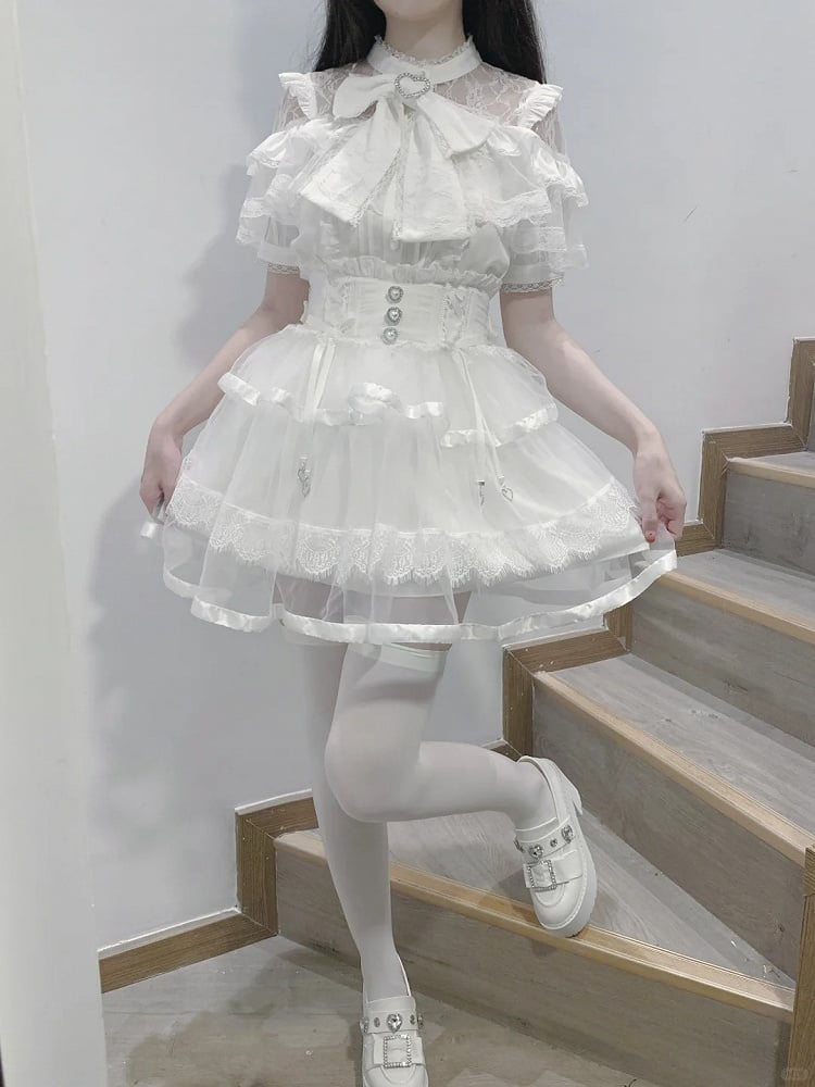 Blouse with Clearance-Size Ruffles 90CM for Heart Buttons Short Big Jirai Kei M White Illusion Neckline Tiered Bow Bust Sleeves