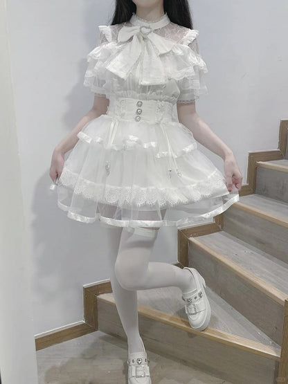 Blouse with Clearance-Size Ruffles 90CM for Heart Buttons Short Big Jirai Kei M White Illusion Neckline Tiered Bow Bust Sleeves