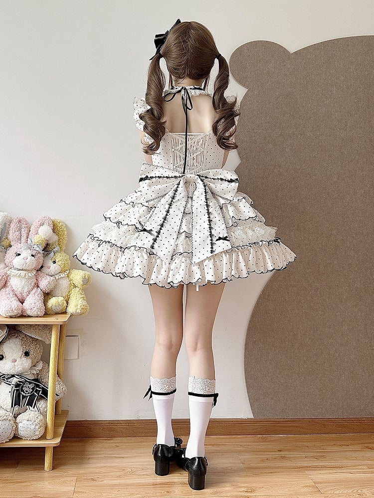 Sweet Lolita Polka Dot Dress with Versatile OP/JSK Design and Tiered Hem White