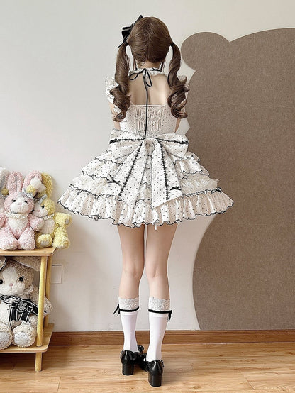 Sweet Lolita Polka Dot Dress with Versatile OP/JSK Design and Tiered Hem White