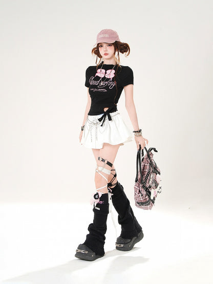 Slim-fitting T-shirt White/Black Mock Neck Self-tie Hem Letter Number and Print