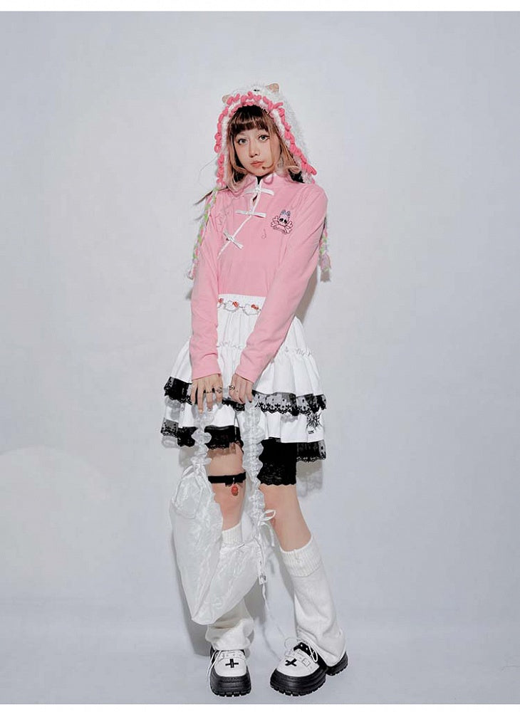 Pinkes Pastell-Punk-Skelett-Top in Gitarrenform mit Strasssteinen