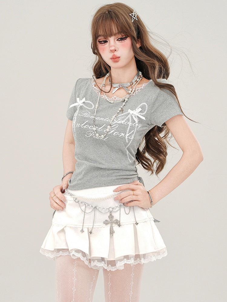 グレーレタープリント ドローストリングウエストTシャツ