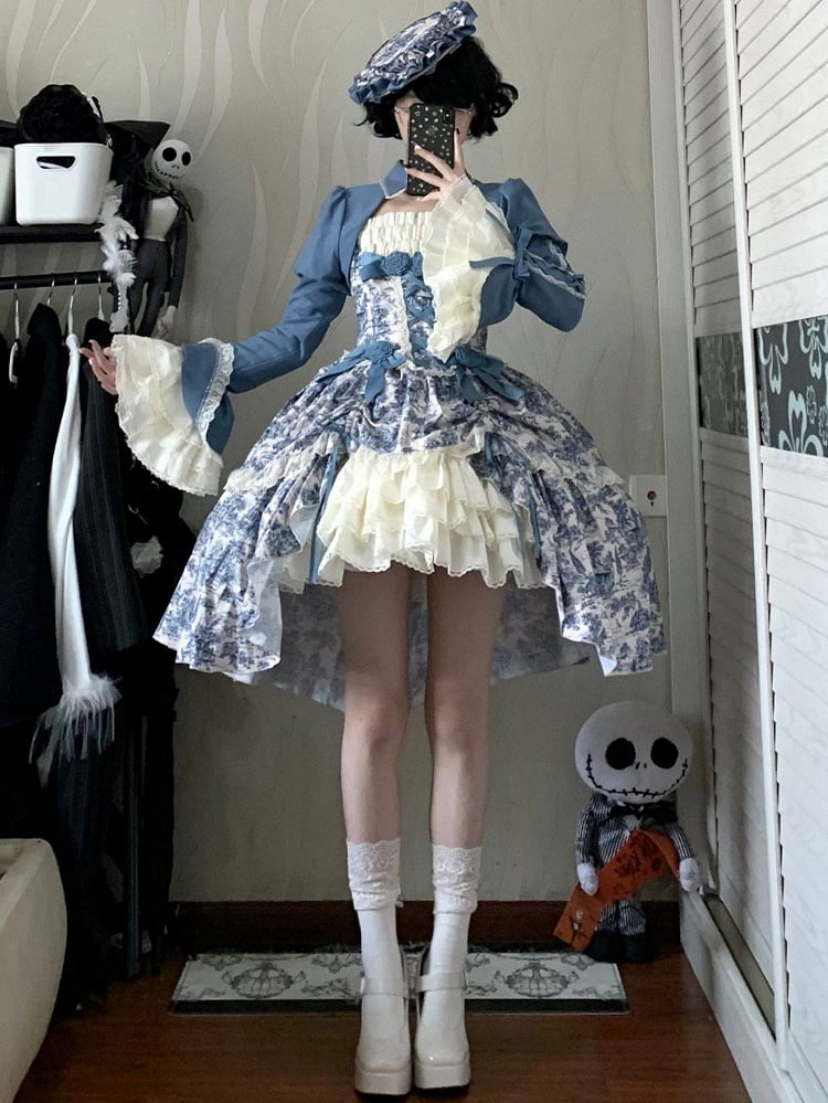 Bow Print Set + Elegant Skirt White Bolero Train High-low Rose Dress Jouy Blue and Accents de with Lolita Classic Toile