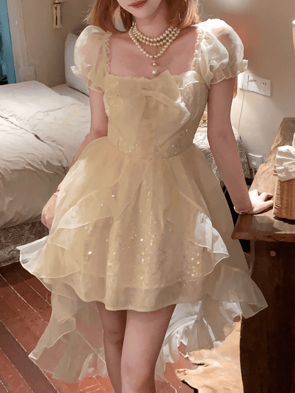 Dress with Tulle Train Beige Sequin-Embellished Square Neckline